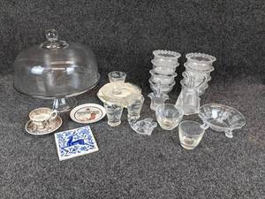 lot 310 image: Lot of Glassware - Cake PlatePunch Bowl, Small Dishes, and More - NO SHIPPING
