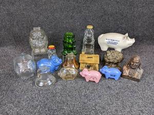 lot 313 image: Lot of (15) Glass, Ceramic, Plastic, and Metal Coin Banks - NO SHIPPING