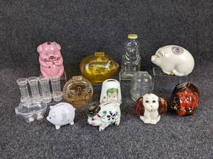 lot 314 image: Lot of (13) Glass, Ceramic, and Plastic Coin Banks - NO SHIPPING