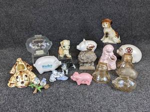 lot 315 image: Lot of (15) Glass, Ceramic, and Plastic Coin Banks with Ceramic Planters and figurines, Includes Haeger Pottery - NO SHIPPING