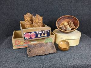 lot 317 image: Lot of Wood Home Dcor - Vintage Grape Boxes, Handcrafted Round Box, Myrtlewood Bowls, and More NO SHIPPING