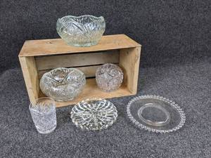lot 319 image: Lot of Glass Home Dcor with Wood Crate - NO SHIPPING