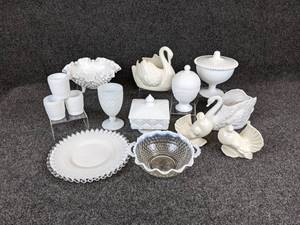 lot 320 image: Lot of Milk Glass, White Ceramic Birds, and More - NO SHIPPING