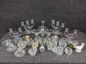 lot 327 image: Large Lot of Glass Candelabras and Candle Holders - Taper, Votive, and Tealight - NO SHIPPING