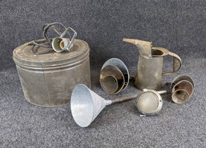 lot 468 image: Lot of Funnels, Metal Canister with Lid, and More
