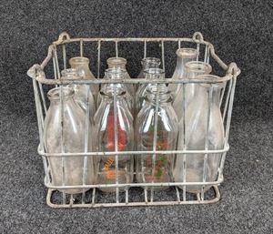 lot 487 image: Lot of (12) Glass Quart Bottles in Wire Carrier, Some with Imprints - NO SHIPPING