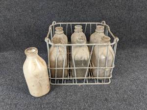 lot 488 image: Lot of (7) Glass Half Gallon Milk Bottles in Wire Carrier - NO SHIPPING