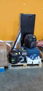 lot 50 image: Salvage Pallet - Refrigerator, Small Appliances, EMPTY Bosh Laser Box, and Various Items (For parts or repair)