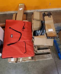 lot 52 image: Salvage Pallet - Fabric Pet Kennel, Bed Frame, Commode, Various (For parts or repair)