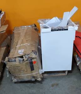 lot 53 image: Salvage Pallet - Utility Sink and Fireplace Media Console (For parts or repair)