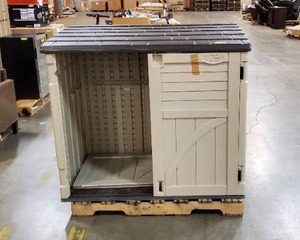 lot 6 image: 2 ft. 8 in. x 4 ft. 5 in. x 3 ft. 9.5 in. Resin Horizontal Storage Shed (Missing hinges)