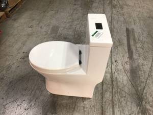Reo 1-Piece 1.28 GPF High Efficiency Dual Flush Round All-In One Toilet in White with Soft Closed Seat Included by WOODBRIDGE  Customer Returns See Pictures