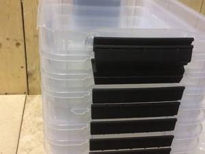 IRIS 13 Qt. Stack and Pull Storage tote, with Black Latching Clips in Clear, (8 Pack)  SMALL DAMAGE