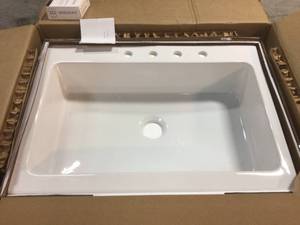 Josephine Crisp White Fireclay 34 in. 4-Hole Single Bowl Quick-Fit Drop-In Farmhouse Apron Kitchen Sink by SINKOLOGY Customer Returns See Pictures