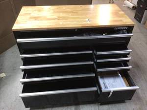 52 in. W x 25 in. D Standard Duty 9-Drawer Mobile Workbench Tool Chest with Solid Wood Top in Gloss Black by Husky Customer Returns See Pictures