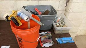 lot 44 image: Contractors Supply Collection-Tons of Drywall Screws, Nail Gun Nails, Palm Sander, Plaster Tools And More