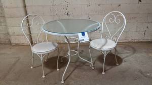 lot 62 image: Commercial Cast Iron White 30 Inches Round Micro Mesh Bistro Table and 2 Chairs II
