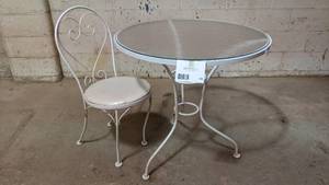 lot 63 image: Commercial Cast Iron White 30 Inches Round Micro Mesh Bistro Table and 1 Chair III
