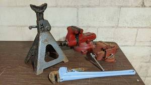 lot 98 image: Awesome Shop Tool Collection- Jack, Mechanic Vise, Plumbers Wrench