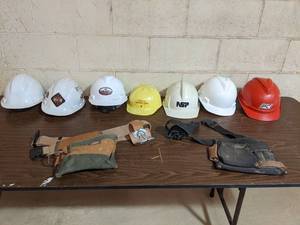lot 66 image: 7 Contractors Safety Hard Hats Helmets and 2 Contractor Belts