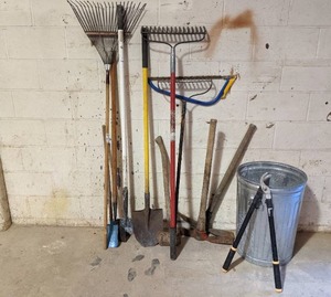 lot 87 image: Awesome Gardening Supply Collection-Rakes, Pruning Shears, Shovels, Axes, Hoes and More