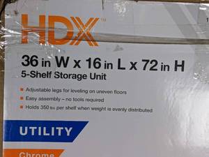 lot 43 image: HDX, Chrome 5-Tier 5-Tier Metal Wire Shelving Unit (36 in. W x 72 in. H x 16 in. D)