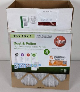 lot 96 image: RHEEM, 16 x 16 x 1 Basic Household Pleated MERV 8 - FPR 4 Air Filter (12 Pack)