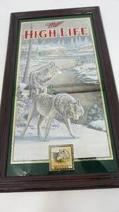 lot 22 image: Framed Miller High Life--Wolves Sign-25 12  x  14 12