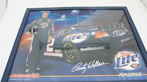 lot 24 image: Framed Miller Lite True Piliger Beer--Live Responsibly Miller Lite Racing With Dusty Wallace-31 12  x  23 12