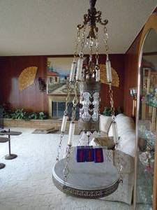 lot 119 image: Very oranate hanging light with marble glass , crystal components. Very heavy & ornate. Beautiful condition. As shown.