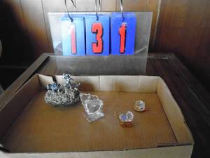 lot 131 image: Qty of 4 figures. Glass butterflycrystal baby carriage & cake. Both are swarovski. As shown.