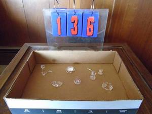 lot 136 image: Flat of 7 small crystal figures. Most appear to be swarovski. As shown.