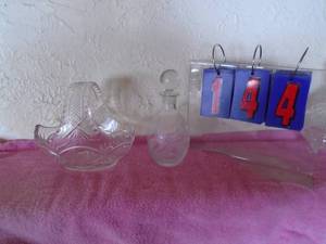 lot 144 image: Glass basket dish & decanter. As shown.