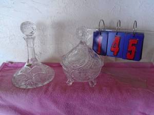 lot 145 image: Lead crystal decanter & glass covered bowl. As shown.
