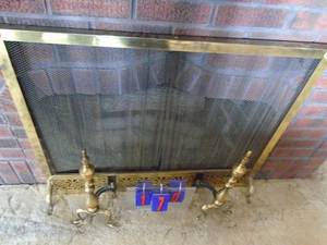 lot 170 image: Brass fireplace screen & andirons only. As shown.
