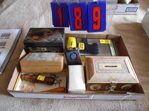 lot 189 image: Flat of music boxesvintage duck calletc. As shown.