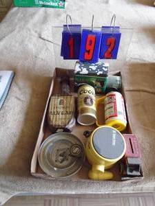 lot 192 image: Flat of beer related items & wells fargo bank & marlboro ash tray. As shown.