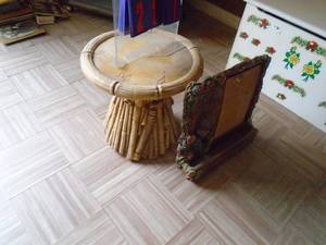 lot 217 image: Ceramic stool & wall decorations. As shown.