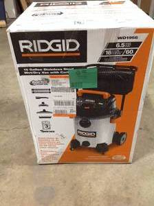 lot 70 image: RIDGID 16 Gallon 6.5-Peak HP Stainless Steel WetDry Shop Vacuum with Fine Dust Filter, Hose and Accessories good condition - review all pictures