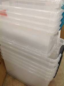 lot 53 image: Mix Lot of Clear Bins - some may have damage - no tops - review pictures