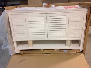 lot 9 image: Grace 60 in. W x 22 in. D Bath Vanity in White with Cultured Marble Vanity Top in White with White Basins by Home Decorators Collection Customer Returns See Pictures