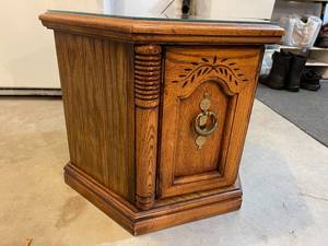 lot 96 image: Hexagon 2 Door Storage Accent Table With Glass Top