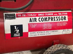 lot 184 image: Sears 100 PSI 12 Horse Power 7.5 Gallon  Air Compressor