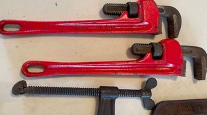 lot 198 image: Large Pipe Wrenches and Clamps