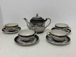 lot 13 image: Vintage Dragon Ware Tea Set With Geisha Girl Lithophane Cups And Saucers