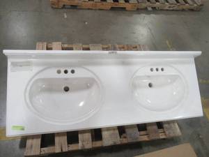 lot 201 image: 61-in White Cultured Marble Double Sink Bathroom Vanity Top.