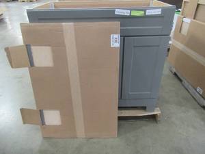 lot 215 image: Style Selections Gladmere 36.5-in Graphite Single Sink Bathroom Vanity Cabinet (Mirror Included) C43P36M-SS - Missing Top, Scratch and Dent. No Top.