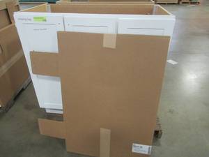 lot 216 image: Style Selections 36.5-in White Single Sink Bathroom Vanity Cabinet Mirror Included, C50136M-SS - Scratch and Dent. No Top.