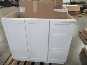 lot 217 image: Style Selections 36.5-in White Single Sink Bathroom Vanity Cabinet, Mirror Included. C50136M-SS - Scratch and Dent. No Top.