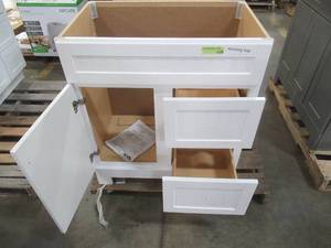 lot 220 image: Style Selections Ellenbee 30.5-in White Single Sink Bathroom Vanity Cabinet, C21130D-SS - Scratch and Dent, No Top.